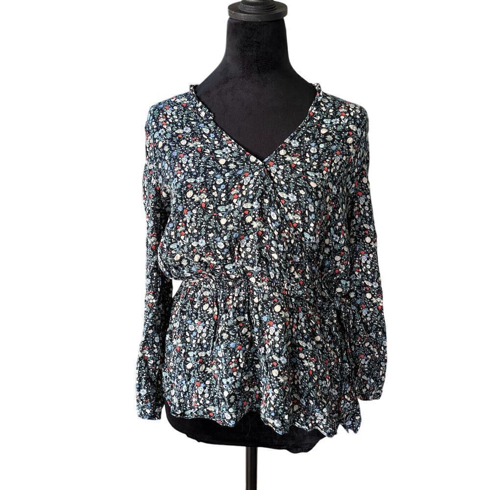 Women S Lucky Brand Green Floral Boho Blouse Peasant Top Long Sleeve